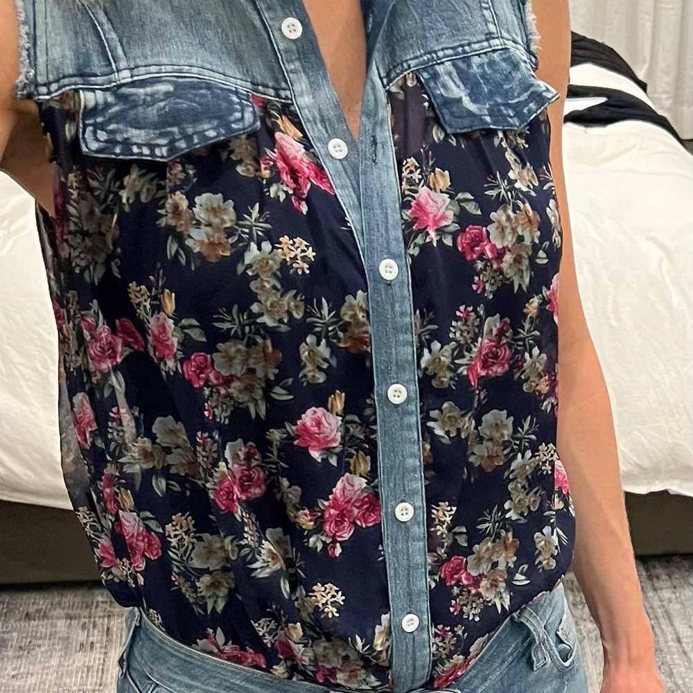Denim cutoff floral blouse